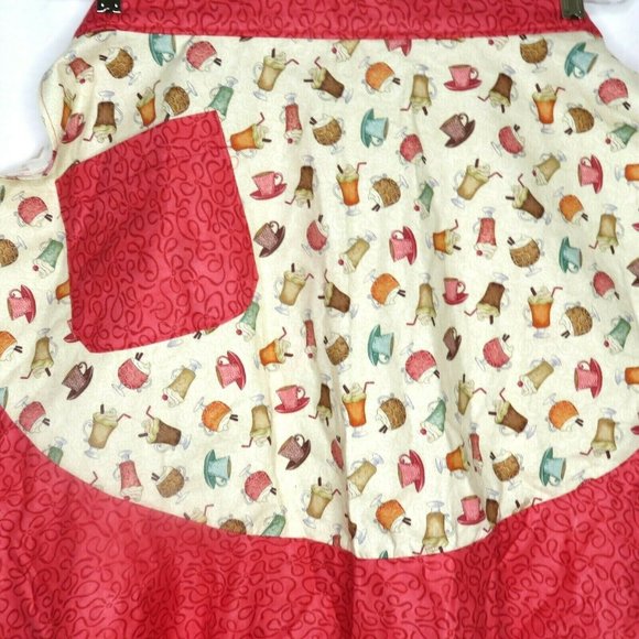 Retro Cooking Half Apron One Size Fountain Drinks Red Ruffle Pocket Tie Waist - Picture 7 of 11